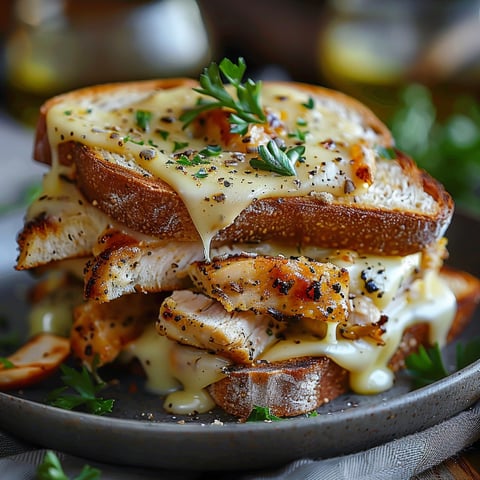 A plate of food with a croque au poulet and moutarde à l'ancienne.
