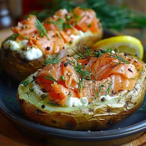 Two potatoes stuffed with salmon and herbs.