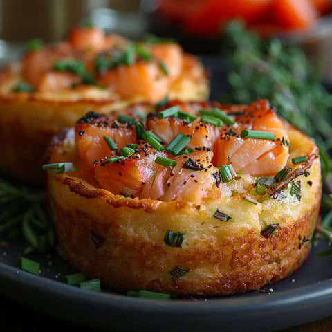 Two muffins with salmon and herbs.