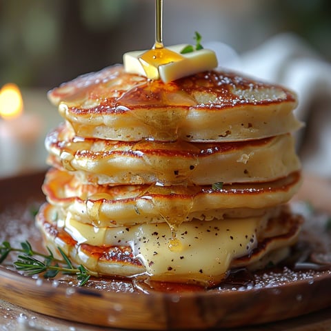 A stack of pancakes with butter and honey drizzled on top.