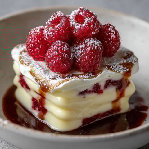 A stack of lasagna with raspberries on top.