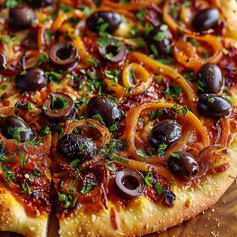 A pizza with olives and caramelized onions.