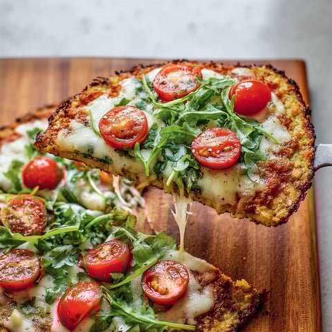 A slice of pizza with tomatoes and spinach on a wooden cutting board.
