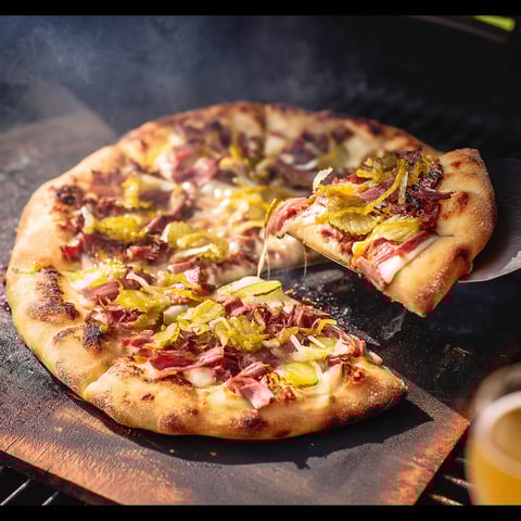 A pizza with ham and cheese on a grill.