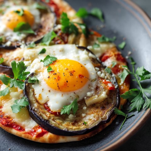 A pita pizza with egg and eggplant toppings.