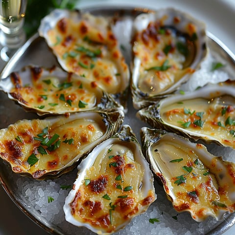 A plate of oysters covered in cheese and bacon.