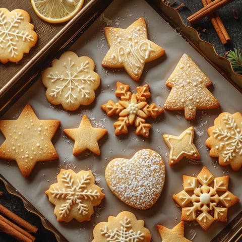 A tray of cookies with stars and hearts on them.