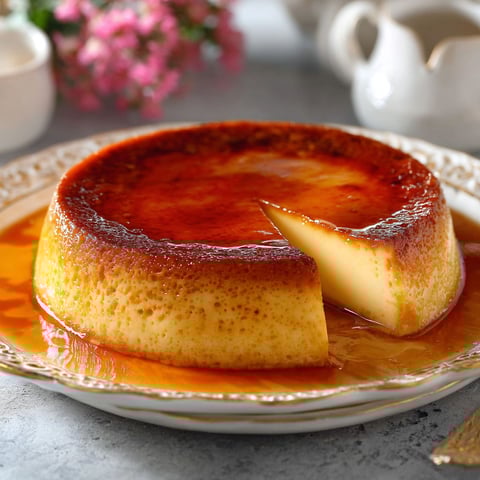 A slice of flan on a plate.