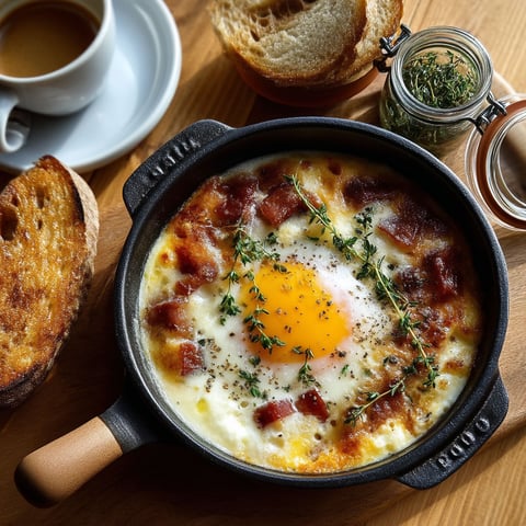 A rustic brunch dish with eggs and bread.