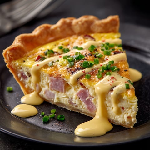A slice of quiche with sauce on it.