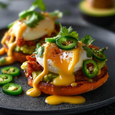 Two Mexican-style eggs benedict with guacamole and salsa.