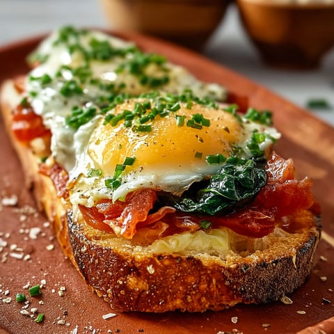 A delicious breakfast sandwich with eggs, bacon, and greens.