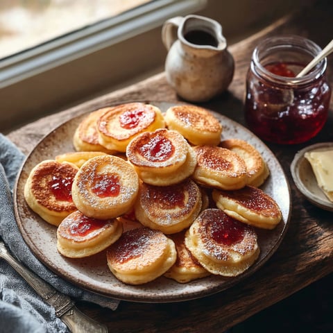 A plate of mini pancakes with jelly on top.
