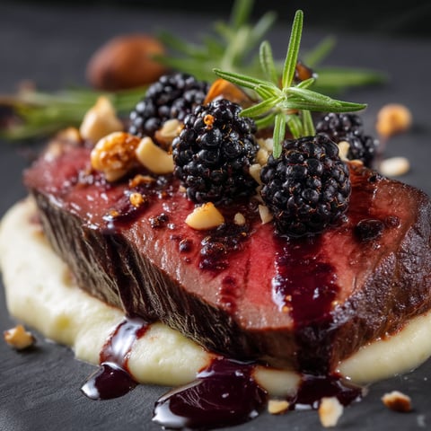 A piece of meat with blackberries on top.