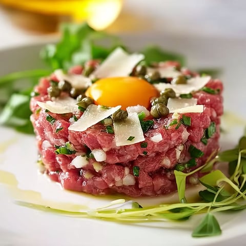 A plate of raw beef tartare with a fried egg on top.