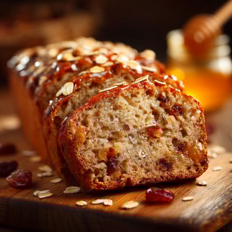 A loaf of bread with nuts and honey on top.