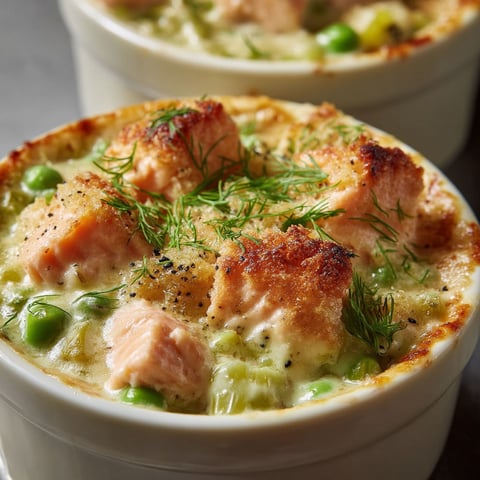 A bowl of food with salmon and peas.