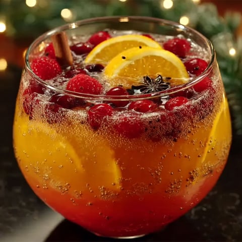 A glass of Sangria de Noël Festive Agrumes, Framboises et Épices Chaudes.
