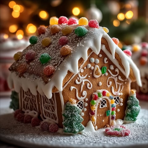 A gingerbread house decorated with candy.