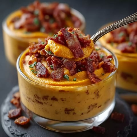 A bowl of mousse patate douce crème bacon croustillant.