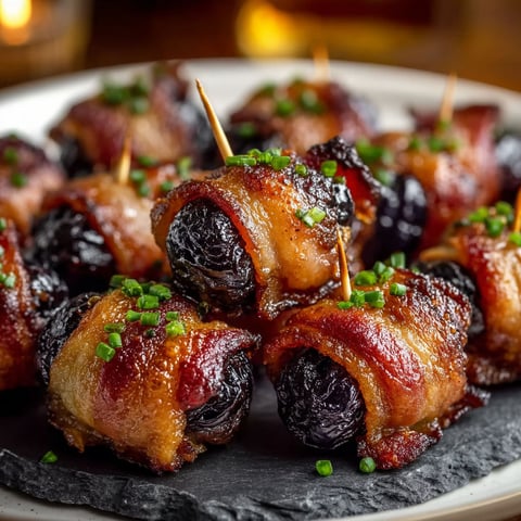 A plate of Pruneaux bardés de lard fumé.