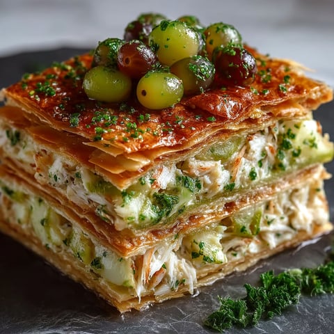 A stack of Millefeuille with grapes on top.