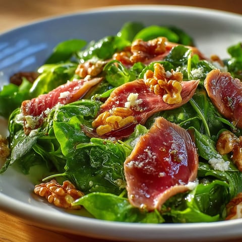 A plate of salad with meat and nuts.