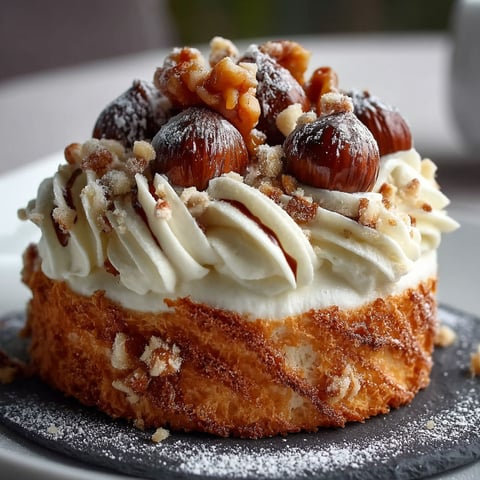 A slice of Mont-Blanc cake with almonds on top.
