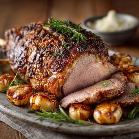 A roasted lamb with rosemary and garlic.