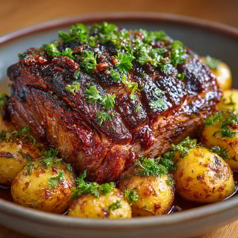 A plate of meat and potatoes.