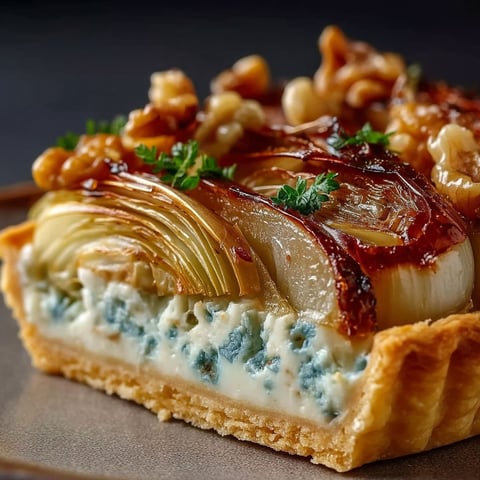 A slice of tartelette feuilletée with endives braisées, poires and crème de Roquefort.