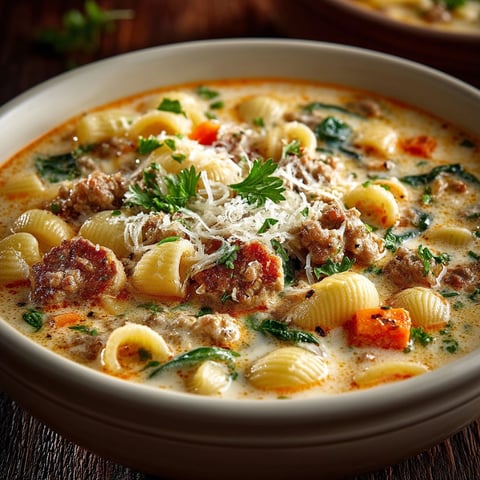 A bowl of soup with noodles, meat, and cheese.