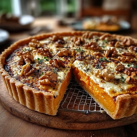 A slice of tarte salée courge rôtie, ricotta crémée et noix grillées.