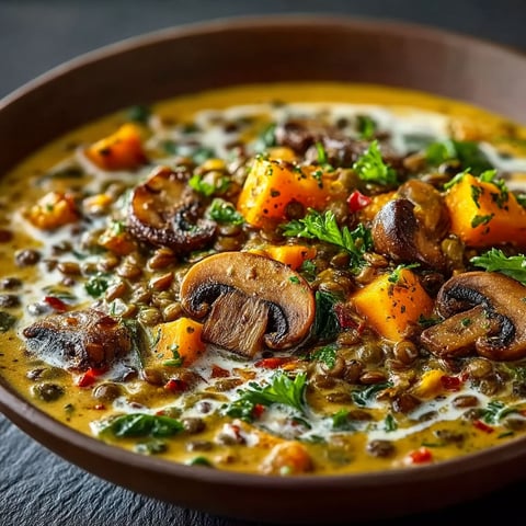 A bowl of soup with mushrooms, carrots, and lentils.
