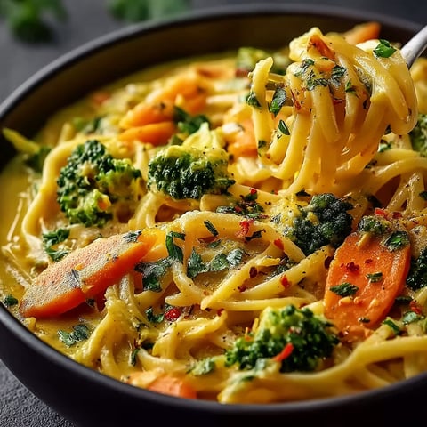 A bowl of noodles with vegetables and sauce.