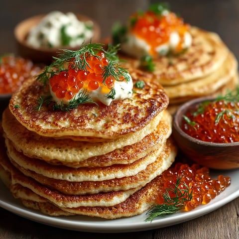A plate of blinis with a dollop of cream and a sprinkle of caviar.