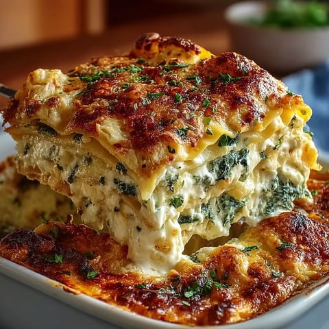 A plate of lasagna with spinach and white cheese.