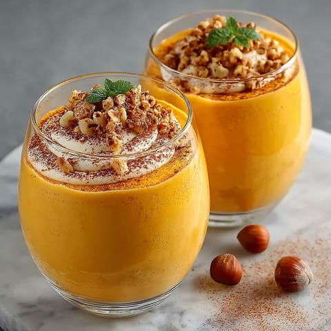 Two glasses of butternut squash soup with nuts on top.