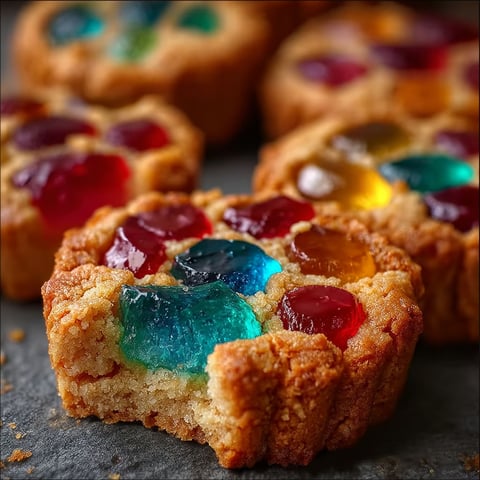 A close up of a cookie with blue and red jello.