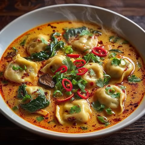 A bowl of soup with red peppers and ravioli.