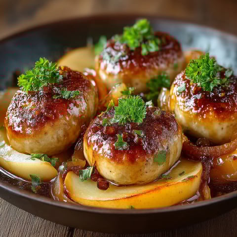 A plate of mini boudins with apples.