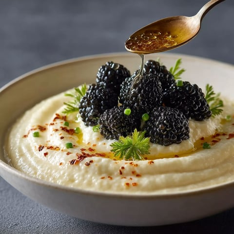 A bowl of crème chou-fleur caviar with blackberries on top.