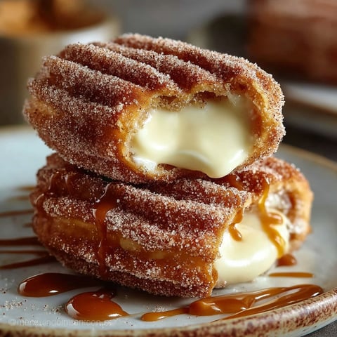 A plate of churros with cheesecake on top.