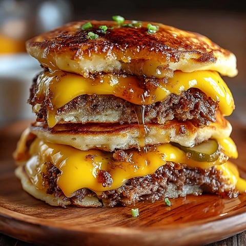 A stack of pancakes with a burger on top.
