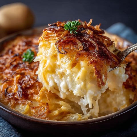 A dish of gratin de pommes de terre à l'oignon caramélisé.