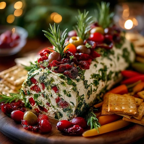 A cheese log with garnishes on a wooden platter.
