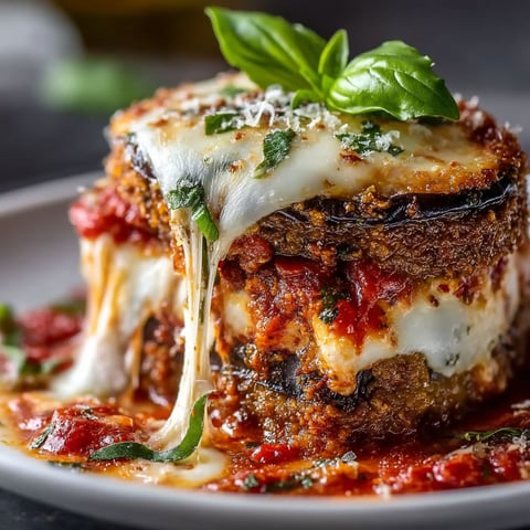 A plate of food with Parmigiana d'aubergines fondante.