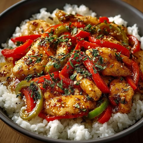 A bowl of food with chicken, peppers, and rice.