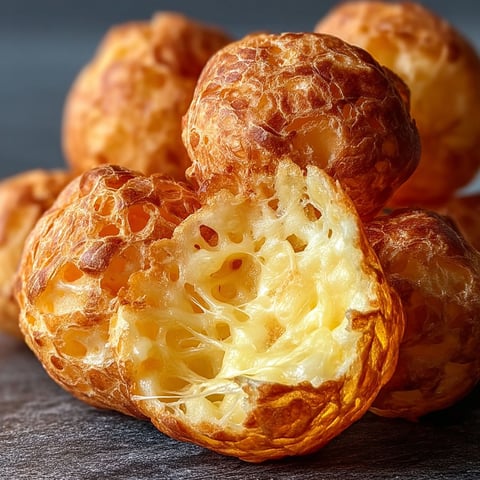 A close up of a gougère au fromage.