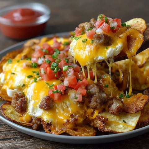 A plate of nachos with cheese and tomatoes.